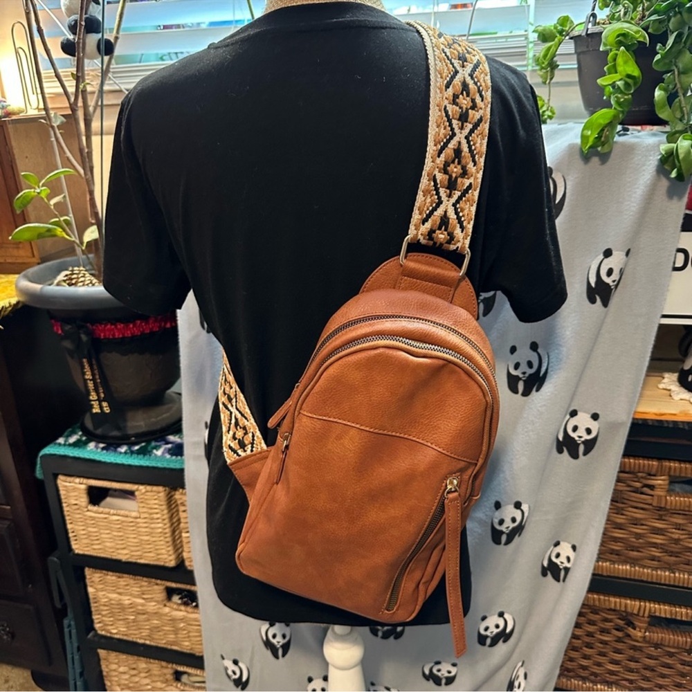 Brown Leather Belt Bag with Patterned Strap